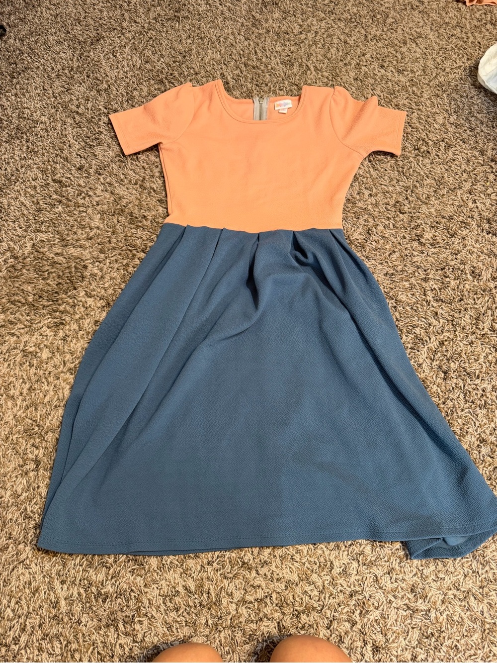 Women’s Lularoe Amelia color block peach and blue dress. Size small